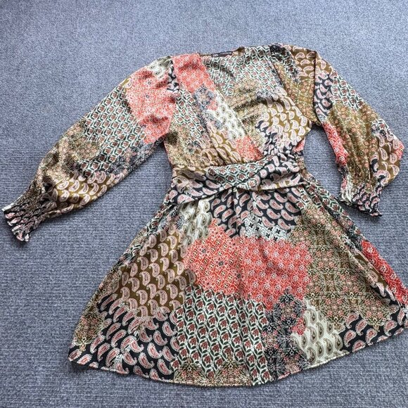 Zara Dress Womens XS Paisley Mini V-neck Long Balloon sleeves elastic cuffs - Picture 2 of 16